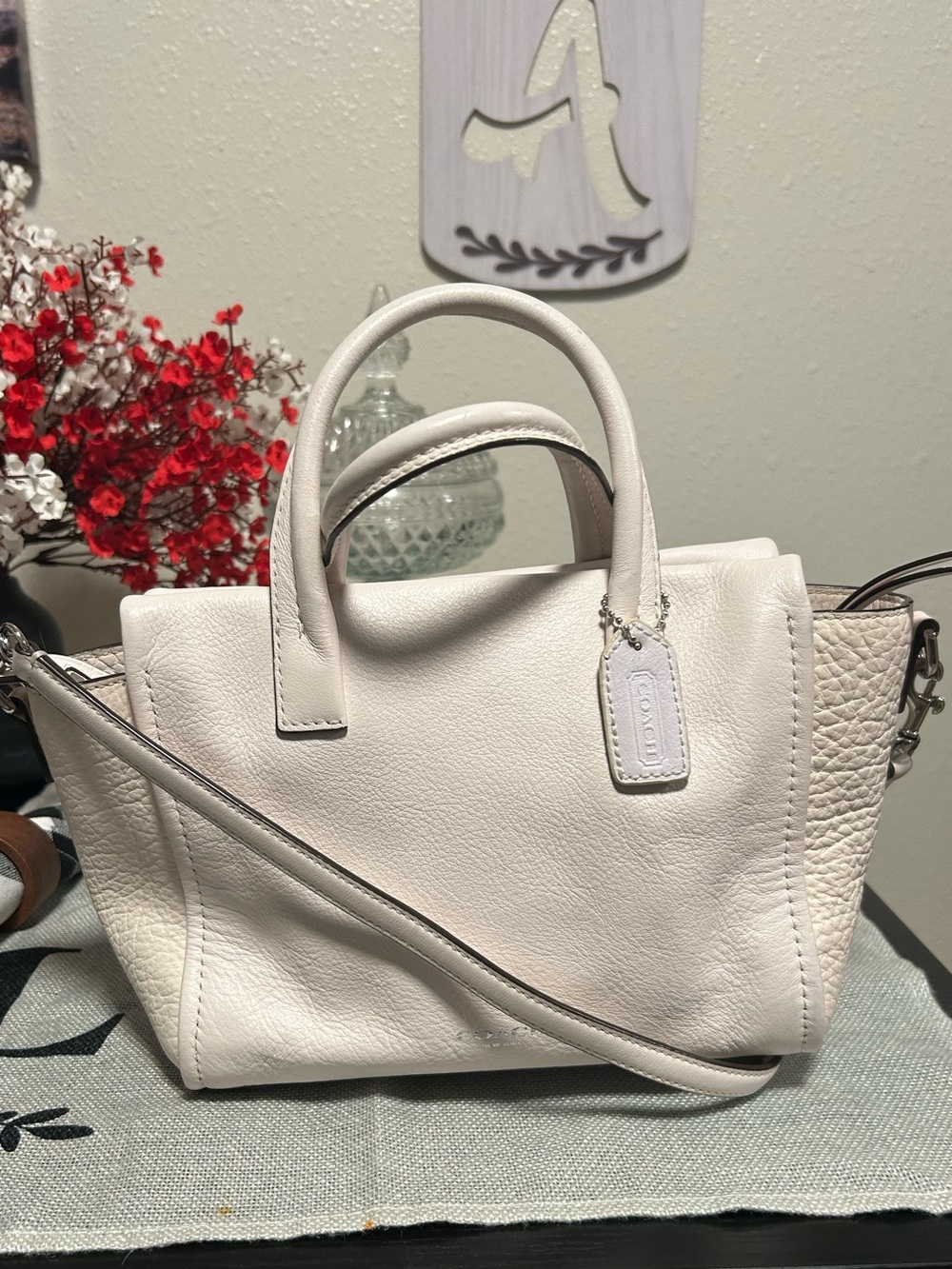 Coach❤️Bleecker Mini Riley in Chalk Pebbled Leather Satchel with Removable Strap